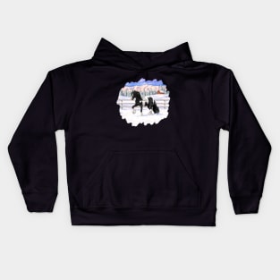 Black Pinto Piebald Gypsy Vanner Draft Horse Trotting in Snow Kids Hoodie